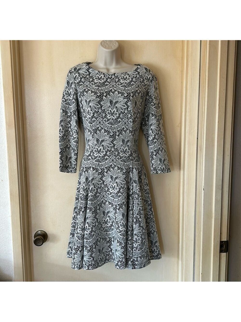 Eliza J Black and White Damask Lace Fit & Flare Dress, Size 12